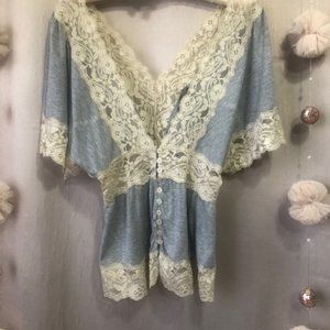 Grey Jersey Top with Beige Lace Trim